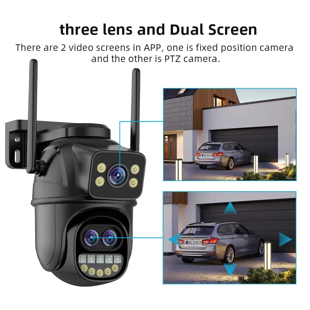 6K 12MP ICSEE Wifi Security Camera 3 Lens Dual Screen 8X Zoom Outdoor Waterproof Color Night Vision IP66 Surveillance Camera