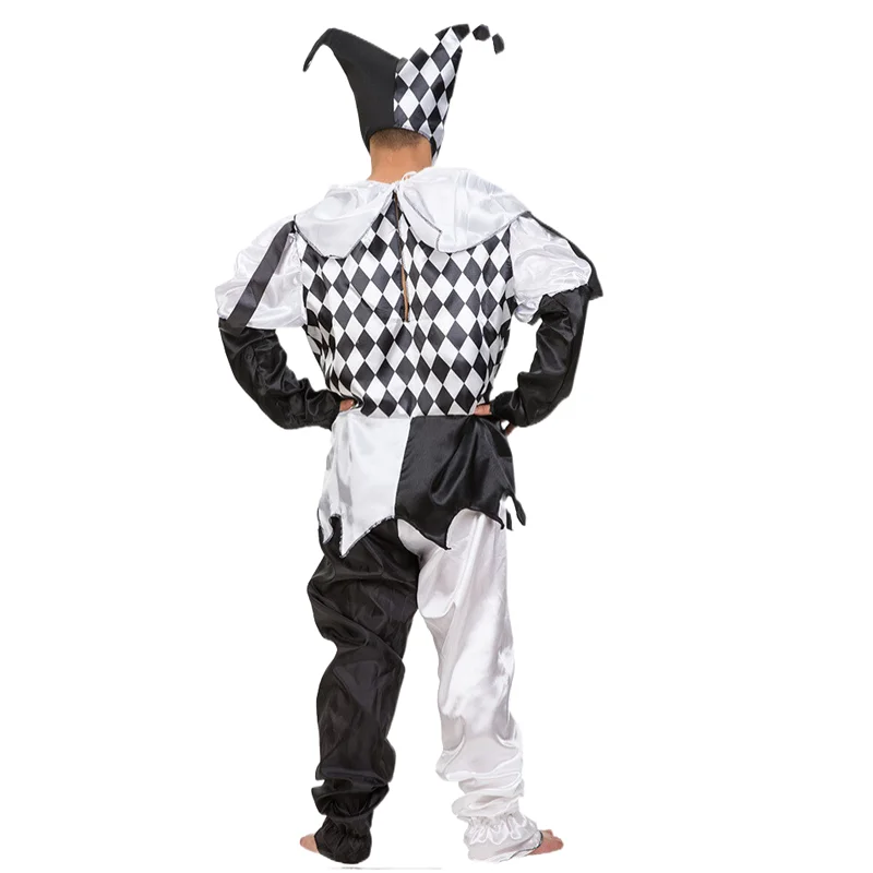 Halloween Carnival Costumes Funny Fun Cosplay Black and White Splicing Clown Costume with Hat for Man Women Innovative Set