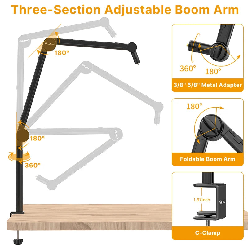 Vijim LS24 LS25 Microphone Boom Arm Stand Heavy Duty Desktop Adjustable DSLR Camera Smartphone Microphone Mount for Blue Yeti