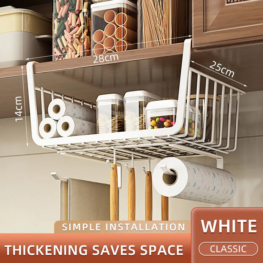 Kitchen Under Cabinet Basket Storage Shelf Tissue Cup Holder Closet Desk Hanging Rack Hollowed Pullout Drawer Sliding Basket