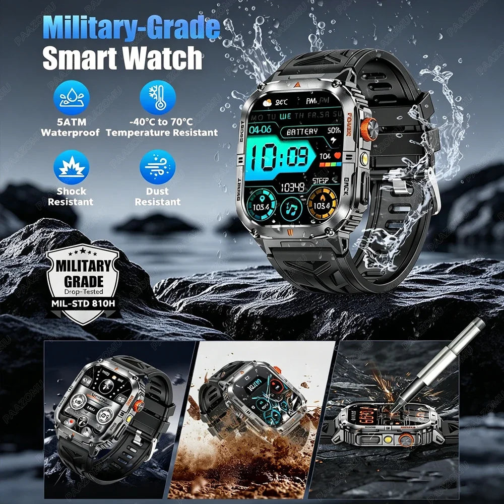 Outdoor Smart Watch for Men 1200mAh Battery LED Flashlight BT Calls Heart Rate 100+ Sports Modes Fitness Tracker for Android/iOS