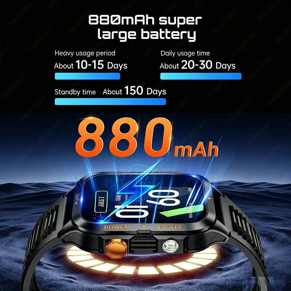 New Smartwatch 880MAH Ultra Battery 3ATM Waterproof 1.96''HD Screen Bluetooth Call Health Monitor Flashlight Sports Smart Watch