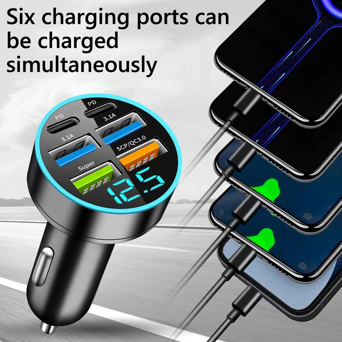 USB C Type C Car Charger 6 Ports USB Super Fast Charging Phone Charging Voltage Detection Digital Display Mobile Phone Charger