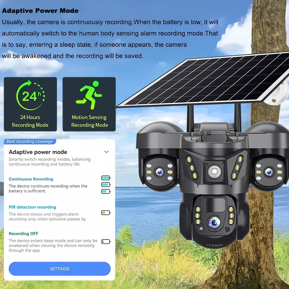 15MP Triple Lens PTZ 10X Zoom Solar Camera Outdoor Triple Screen 4G SIM Secure 360° Auto Tracking Smart Home Wireless CCTV Cam