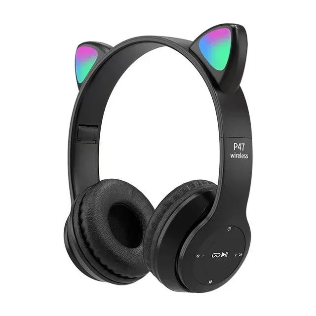 Children Girls Cute Cat Ear Bluetooth Compatible Headset with LED Wireless Headset  Stereo Folding Sports Headset with Microphon