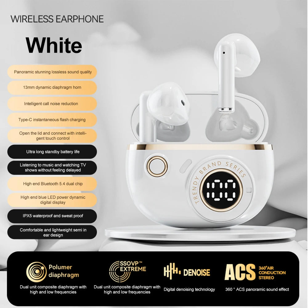 Bluetooth 5.4 Earphones TWS Wireless Headphones Mini Earbuds LED Display Gaming Headsets HiFi Stereo Noise Reduction Earphone