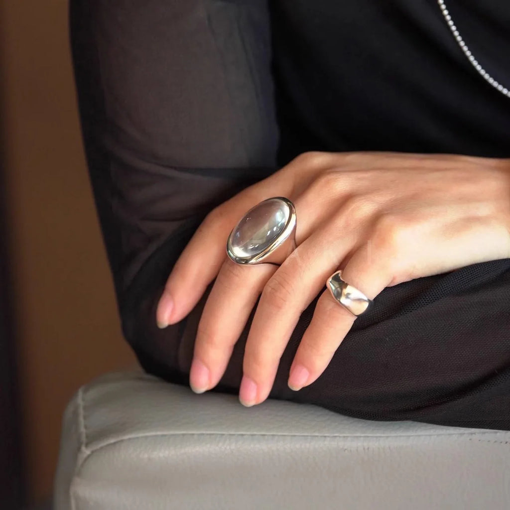 925 Sterling Silver Rings For Women Vintage Handmade Adjustable Retro Big Stone Ring Fashion Band Female Bijoux Gift