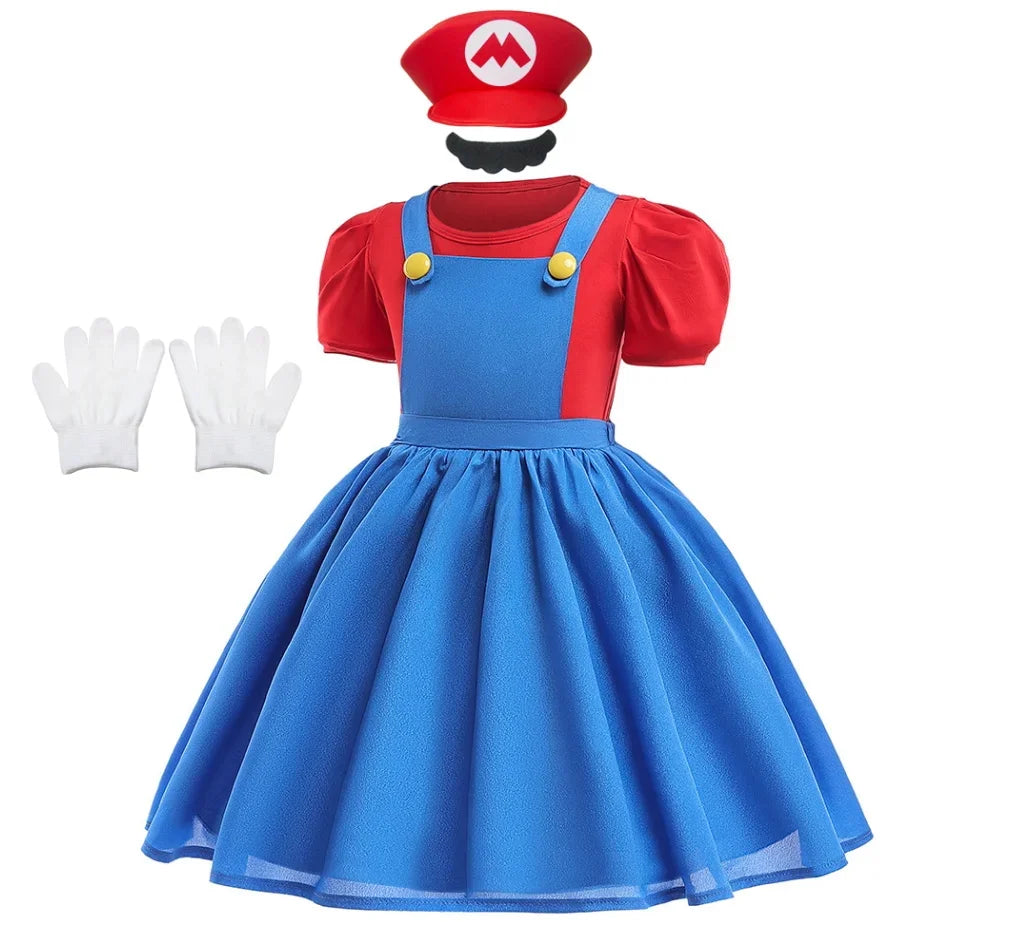 Halloween Costume Sets For Children Cartoon Bros Cosplay Dress+Top+Hat+Fake Beard Christmas Girls Party Dresses Carnival Outfits