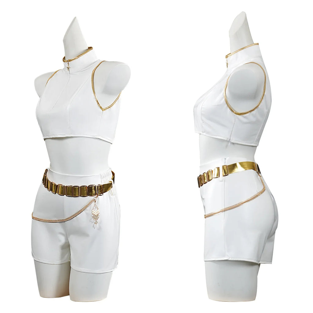 Halloween Costume de Cosplay pour adultes, chemise blanche, col haut, débardeur court, short, ceinture dorée, tenue d'halloween