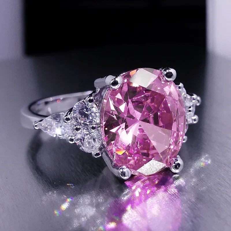 Pink Zircon Big Oval Stone Ring Female Shining Crystal Engagement Rings for Women Vintage Rose Gold Silver Color Wedding Jewelry