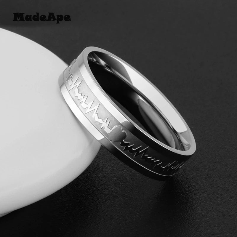 MadApe ECG Couple Ring Gold Color Titanium Stainless Steel Width 6mm Women Weddding Ring For Women Men Engagenemt Ring Jewelry