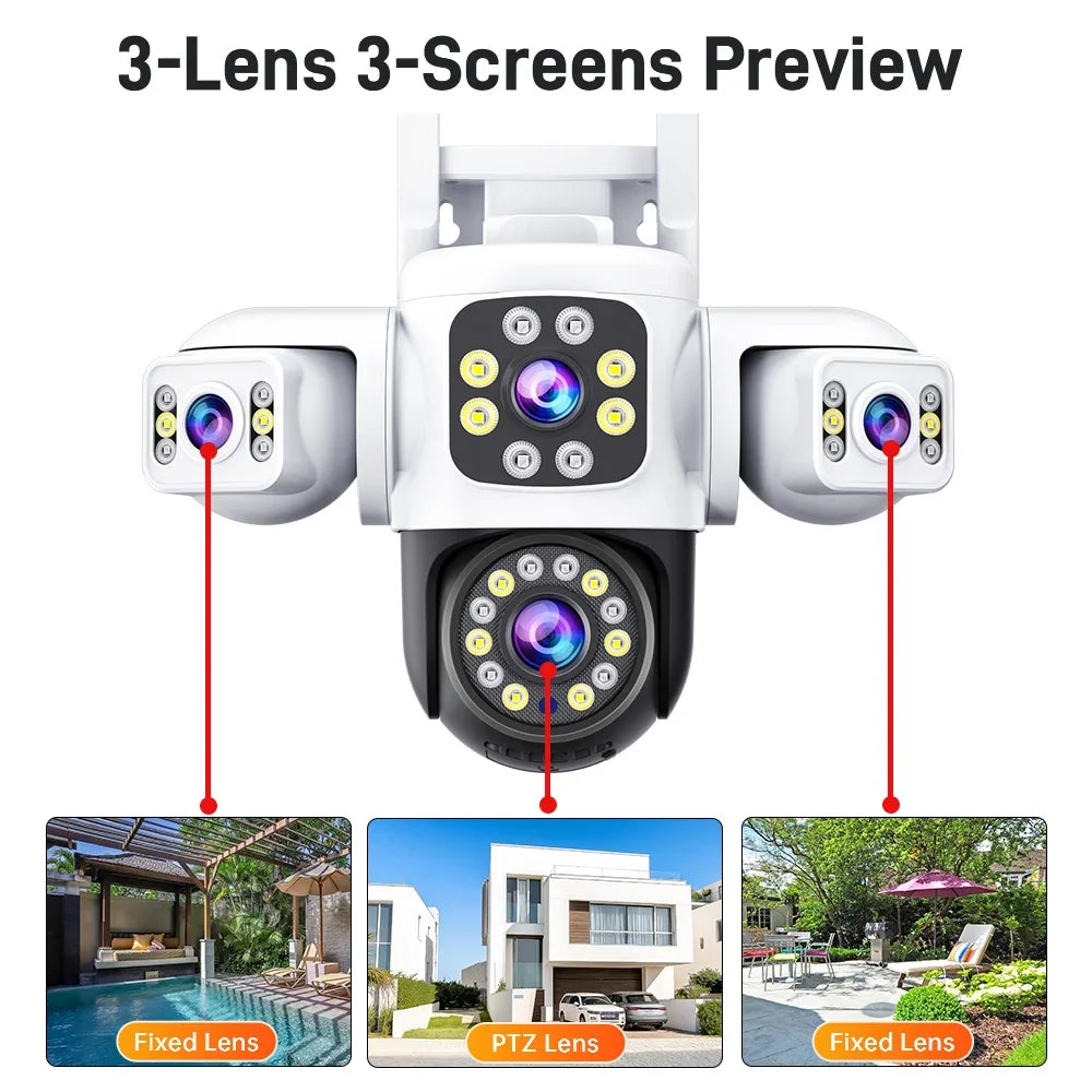 ANSVICAM 6K 12MP Triple Screen Triple Lens Outdoor WiFi PTZ 360° IP66 Yoosee CCTV Surveillance Camera for Complete Security