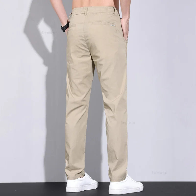 Ultra-thin Elastic Men's Casual Pants 2024 Summer Ice Silk Cotton Fashion Slim Straight Business Trousers Black Gray Khaki