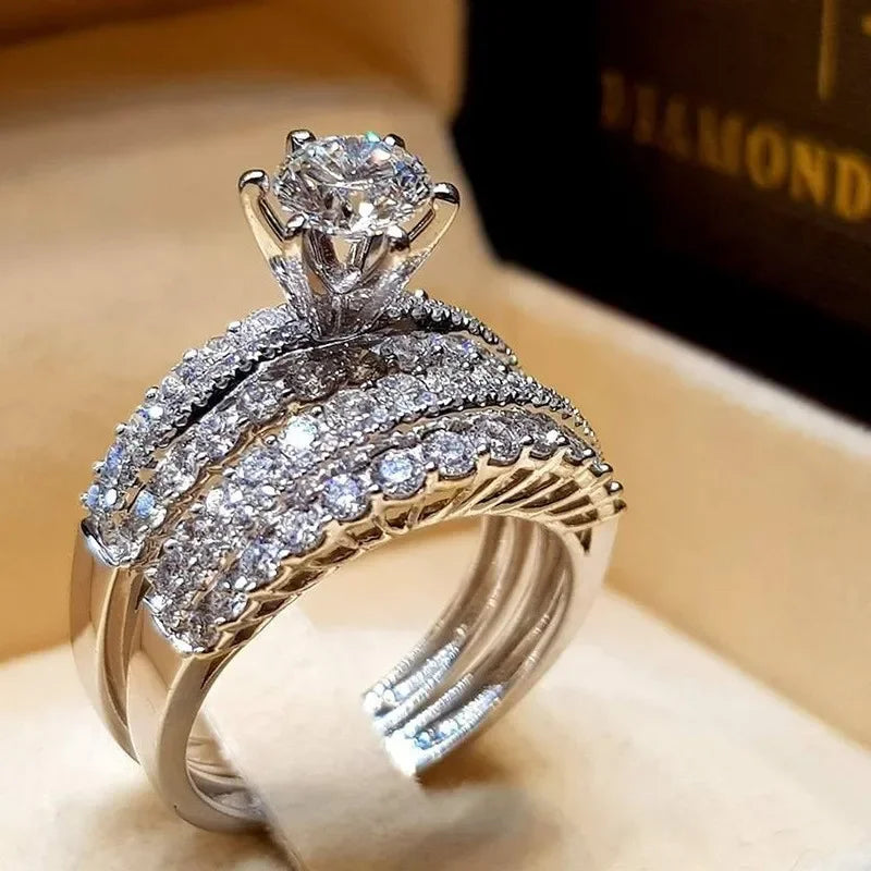 2PCS/Set Milangirl Trendy Crystal Ring Set Wedding Rings Women Geometric Luxury White Bridal Rings Jewelry Ladies Party