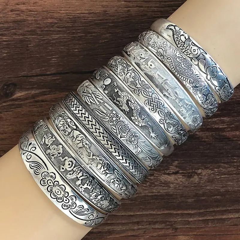 New Retro Cuff Bracelets Tibetan Silver Metal Carving Fish Elephant Flower Bangles Vintage Gypsy Jewelry Female Gifts