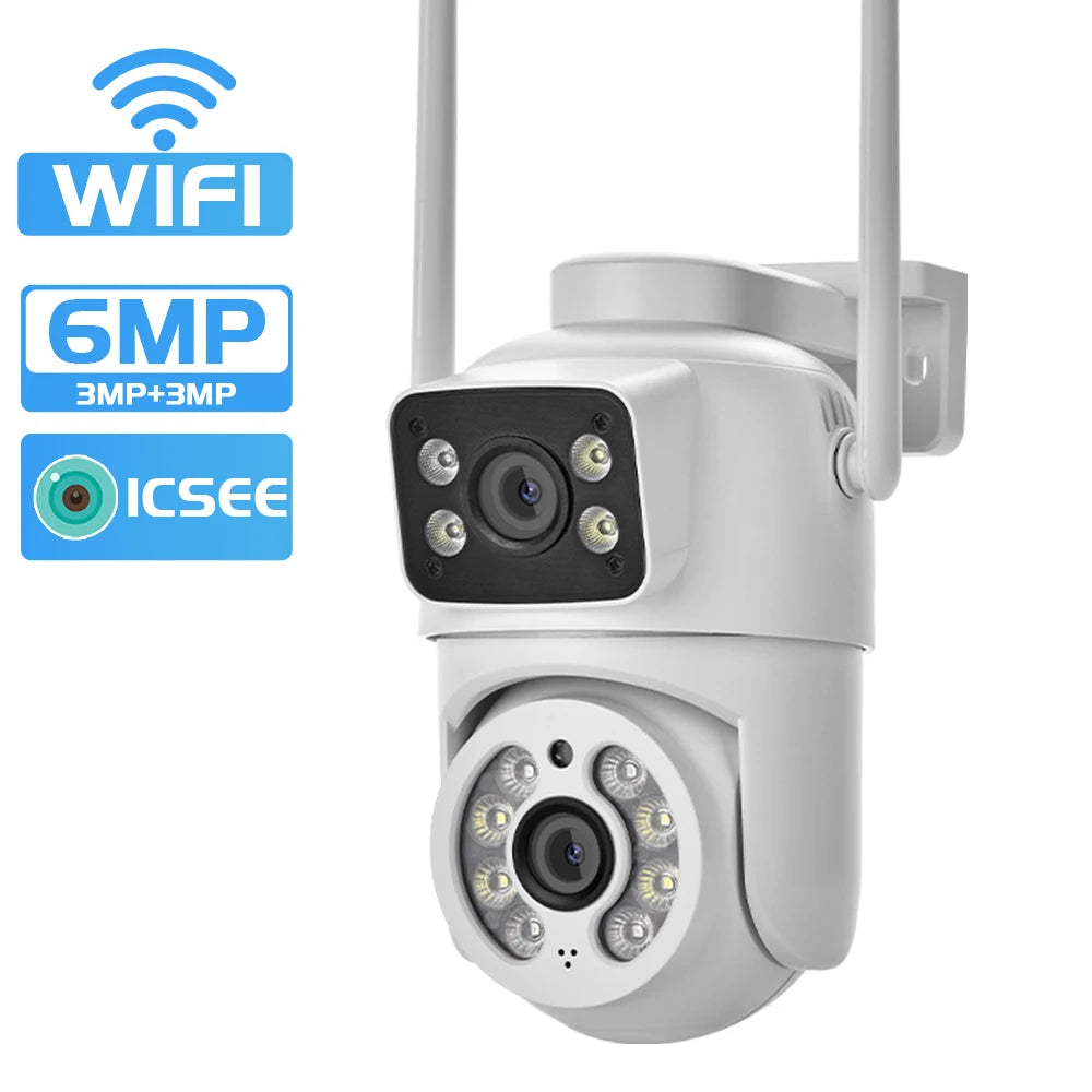 6MP WiFi Camera PTZ Dual Screens Auto Tracking Night Vision CCTV Surveillance Camera Outdoor 4MP Security IP Camera icsee