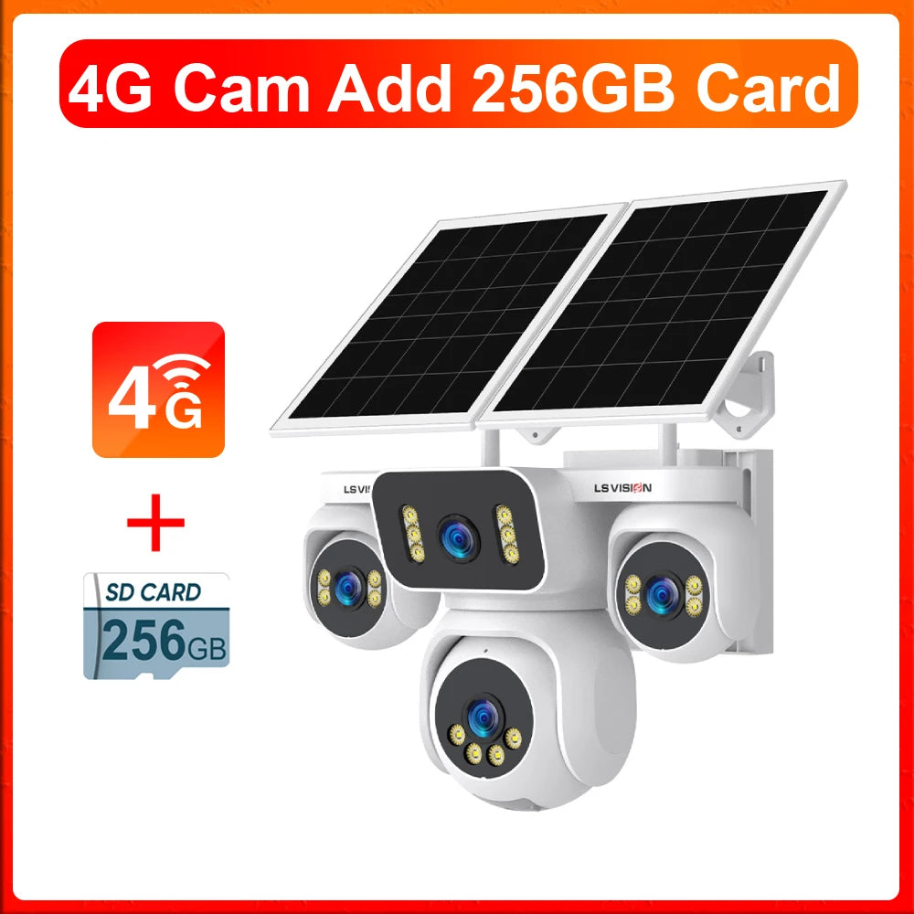 LS VISION 10K AOV 4G LTE Solar Camera Outdoor Security Camera 12X Zoom 24/7 AOV Recording Four Lens Auto Tracking Human Motion