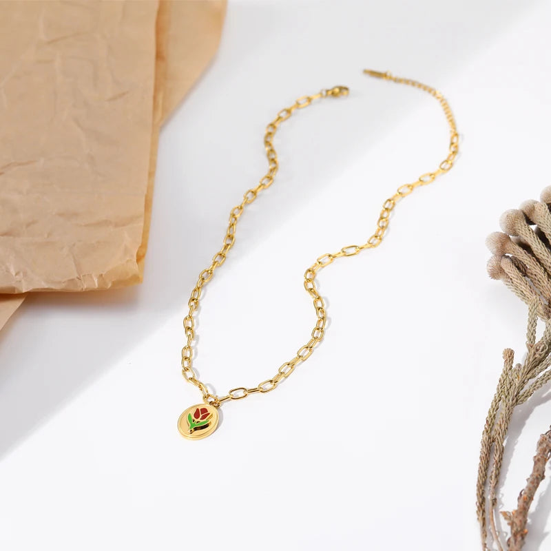 New Stainless Steel Necklace for Women Rose Pattern Pendant Choker Chain Necklace Engagement Party Fashion Jewelry Gifts