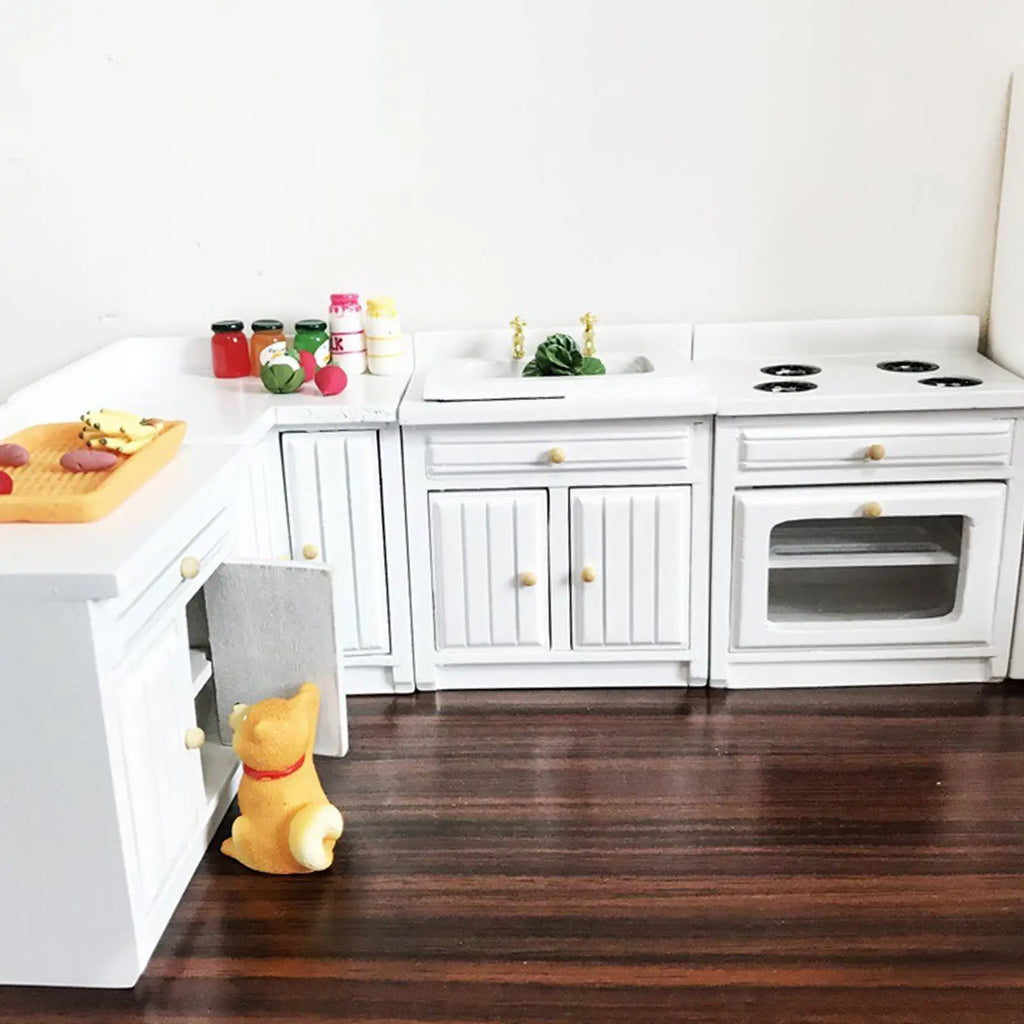 1/12 Dollhouse Miniature Kitchen Set Cooking Cabinet, Mini Corner Cabinet, Sink,