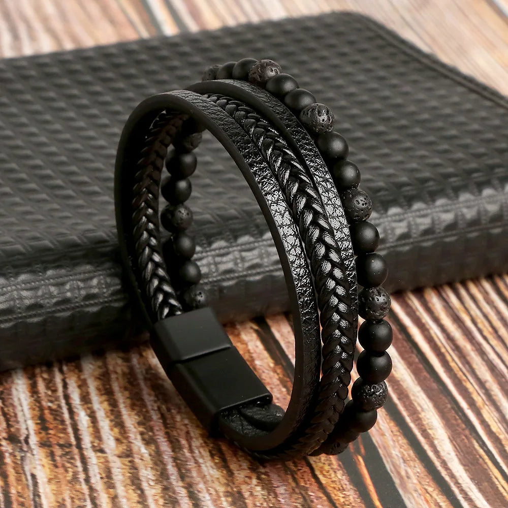 New Vintage Leather Handwoven Rope Bracelet Leather Beaded Magnetic Buckle Men's Bracelet Fashion Jewelry Wholesale