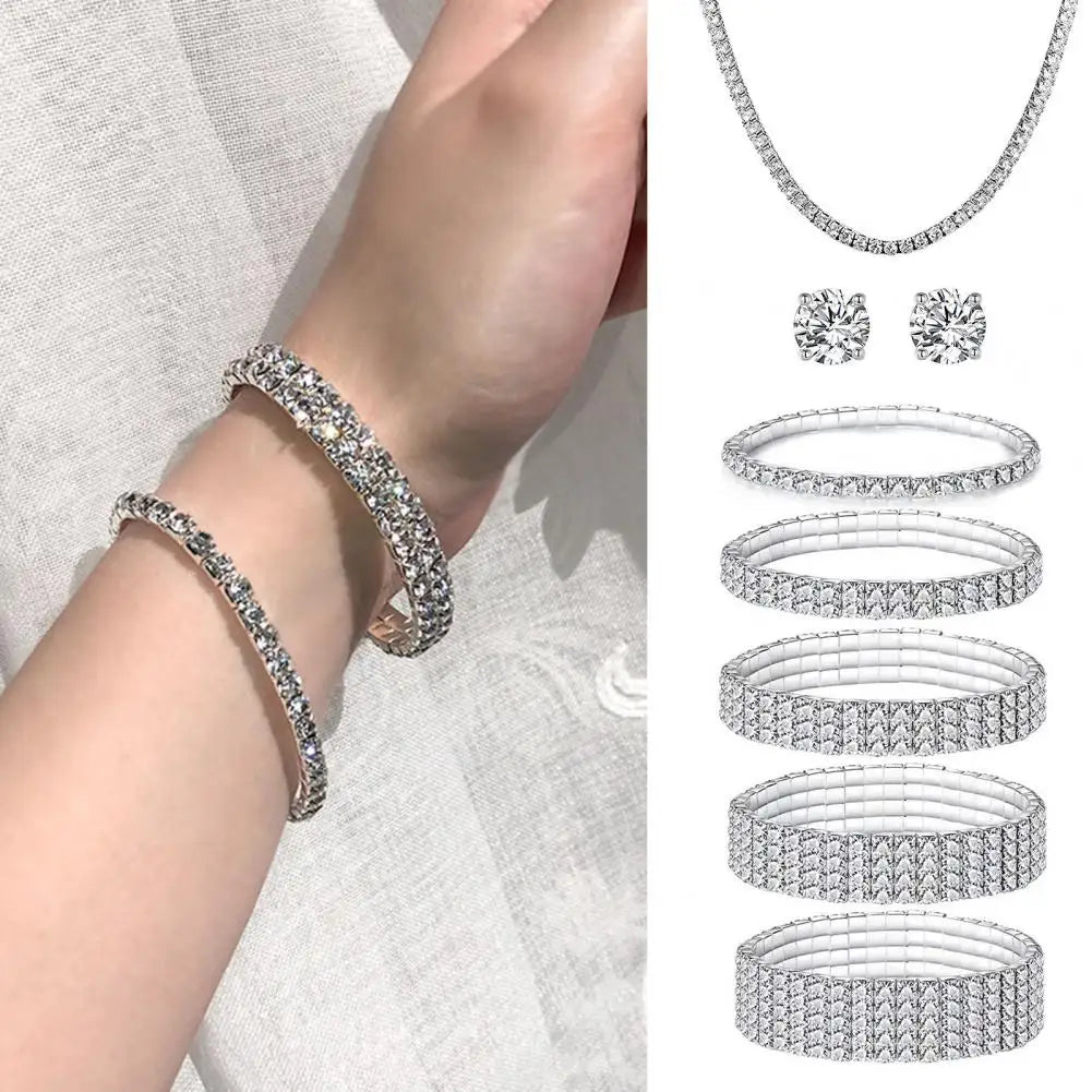 Bracelet Necklace Studs Earrings Bracelet Elegant Shiny Rhinestones Multi-layer Geometric Gift Women Wedding Jewelry Set