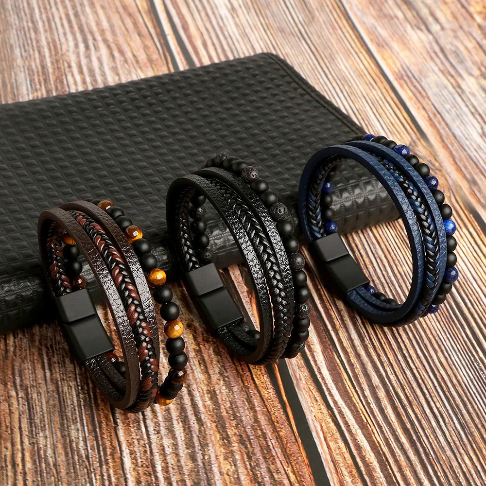 New Vintage Leather Handwoven Rope Bracelet Leather Beaded Magnetic Buckle Men's Bracelet Fashion Jewelry Wholesale