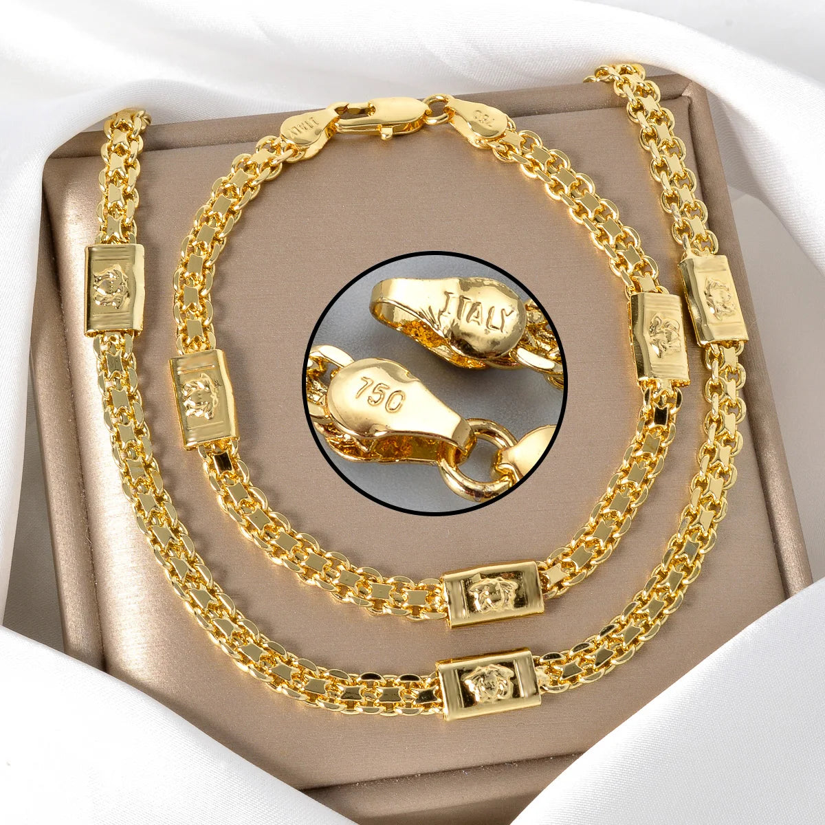 Dubai 18k Gold Plated Jewelry Sets Luxury Hip Hop Punk 2 Pieces Sets Necklace Bracelet Bride Wedding  Jewelry Mother'S Day Gift