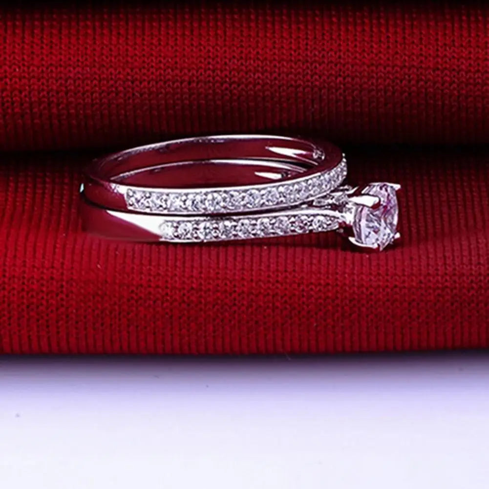 2Pcs/Set Ring Shiny Cubic Zirconia Plated Silver Romantic Couple Finger Ring for Wedding