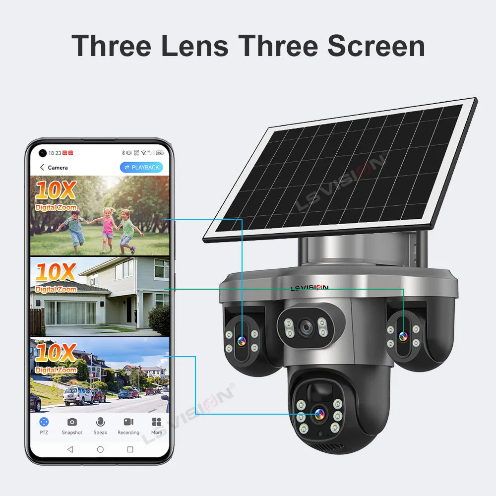 LS VISION 15MP Three PTZ&Screen 4G Solar Camera WIFI Wireless CCTV 10X Zoom Auto Tracking Wifi Security V380 Pro Outdoor Cameras