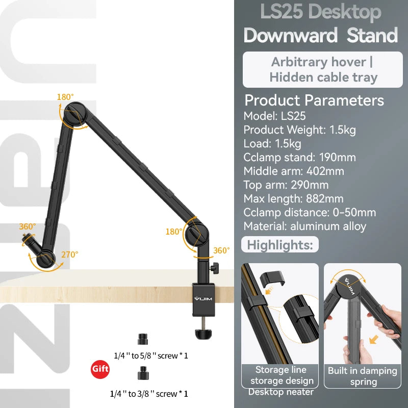 Vijim LS24 LS25 Microphone Boom Arm Stand Heavy Duty Desktop Adjustable DSLR Camera Smartphone Microphone Mount for Blue Yeti