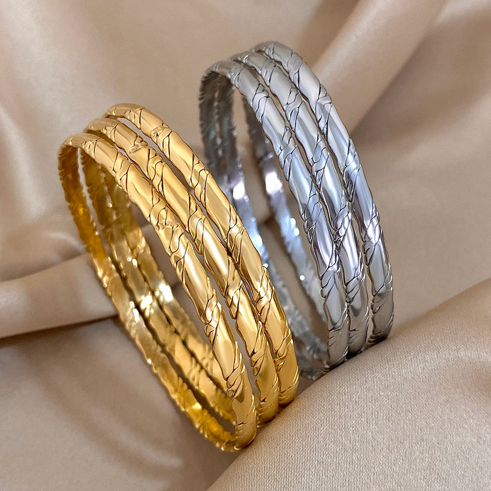 3pcs Gold Plated Twist Stainless Steel Bangle Bracelet for Women Tibetan Buddha Stacked Wristband Bracelets Waterproof Jewelry