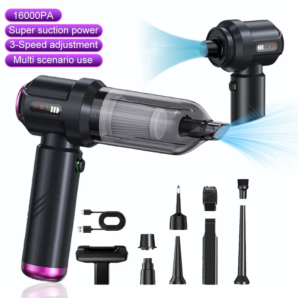 16000PA Vacuum Cleaner Multi Brushes Nozzles Strong Blowing Suction Deflation Inflation Air Duster Portable Car Vacuum Cleaner