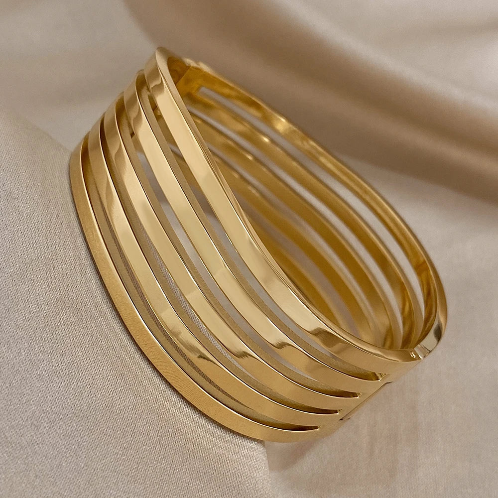 Stainless Steel Bangles Bracelets Multi-layered Line Wide Cuff for Women Vintage Fashion Versatile Hinged Waterproof Jewelry
