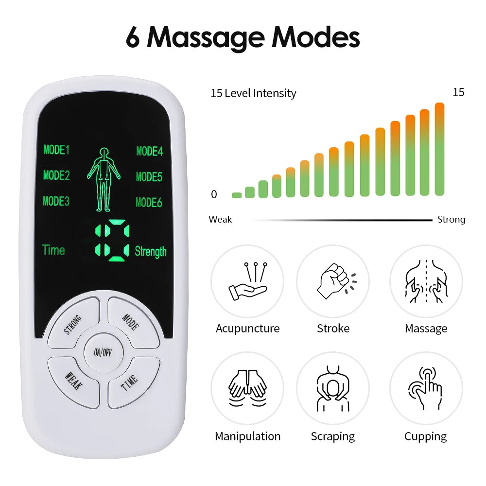 6 Modes Tens Electric Massager Muscle Relax Device Full Body Stimulator Back Waist Knee Healthy Care Patchs Digital Massage Tool