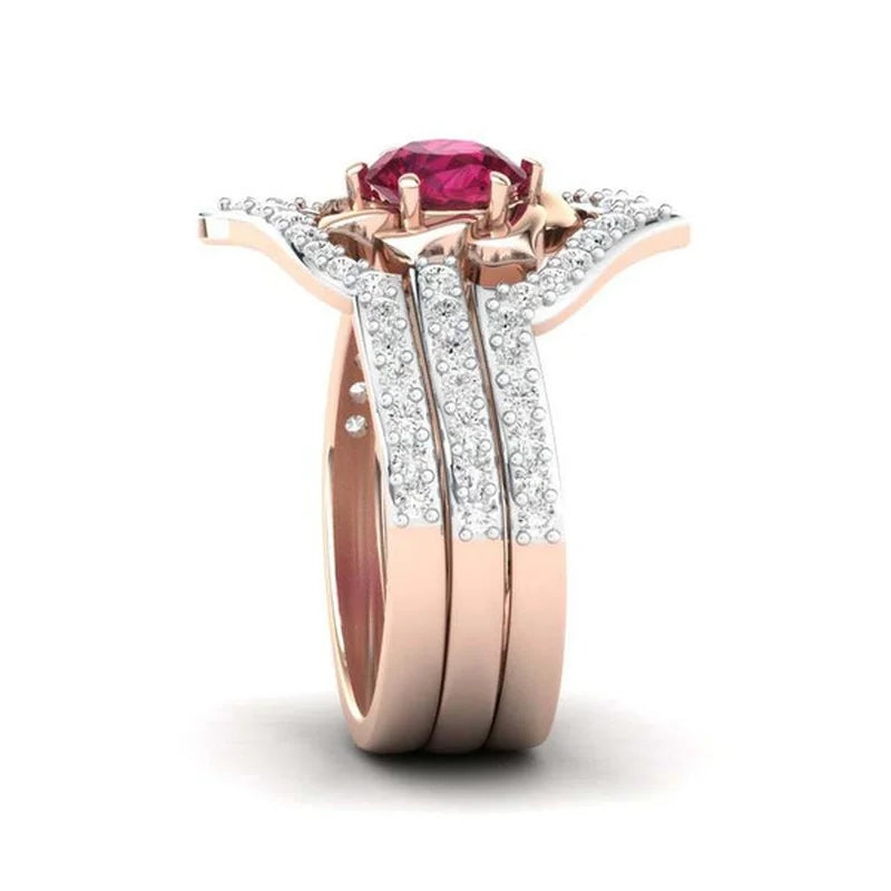 Dazzling Rose Gold Color Flower Ring for Women Delicate Metal Inlaid Red Zircon Stones Wedding Rings Set Engagement Jewelry