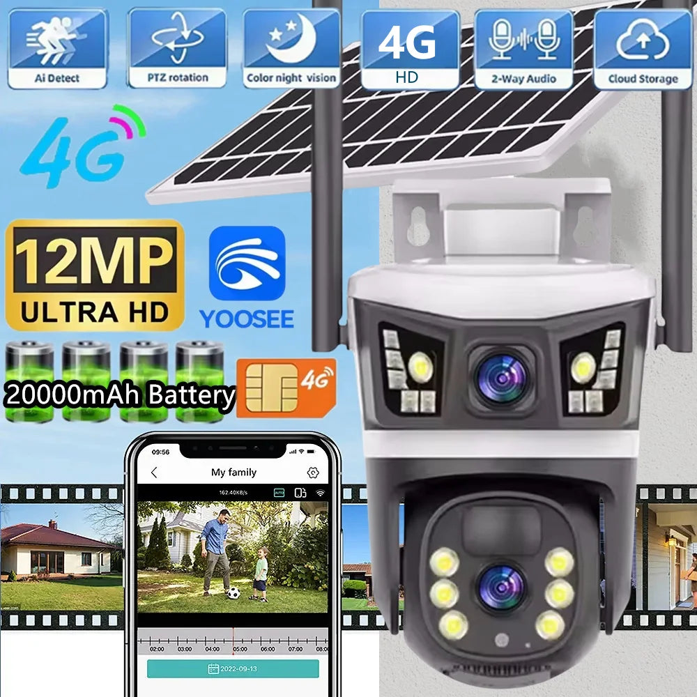 4G Solar Camera Dual Lenses Outdoor 12MP 6K Low Power 20000Mah Battery IP Camera PIR Night Vision Yoosee CCTV Security Protectio