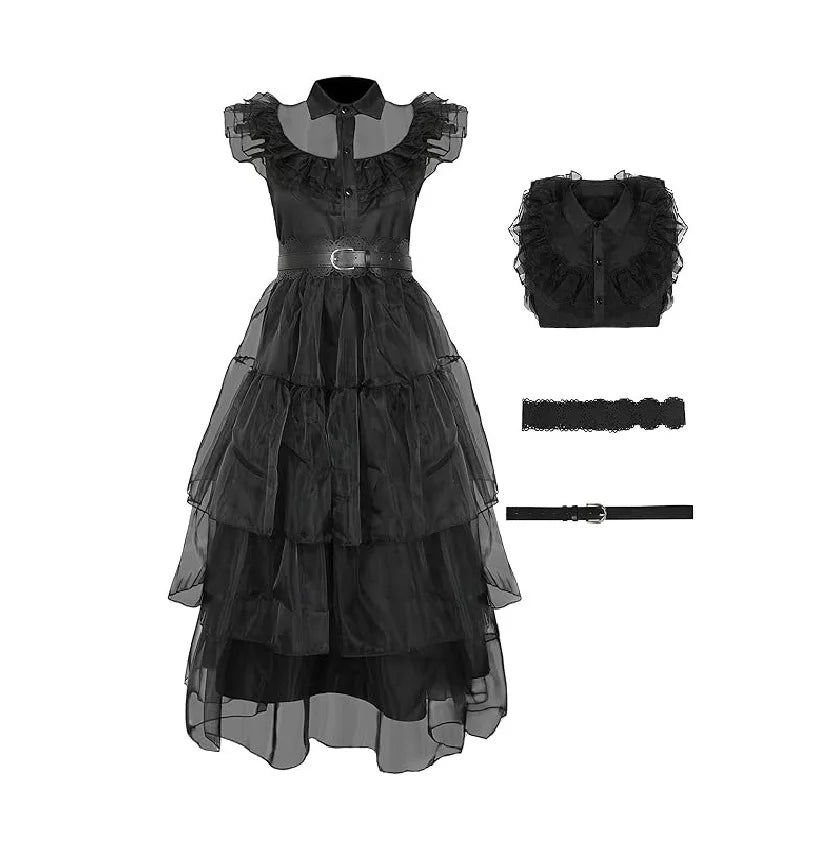 Halloween costume, family role-playing party, Gothic layered lace edge dress, dress with belt