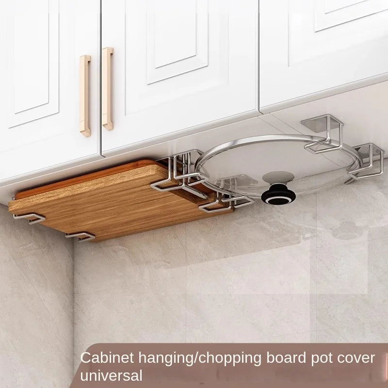 Kitchen Non Perforated Stainless Steel Storage Rack, Wall Mounted Pot Cover Rack, Cabinet Bottom Cutting Board Storage Rack