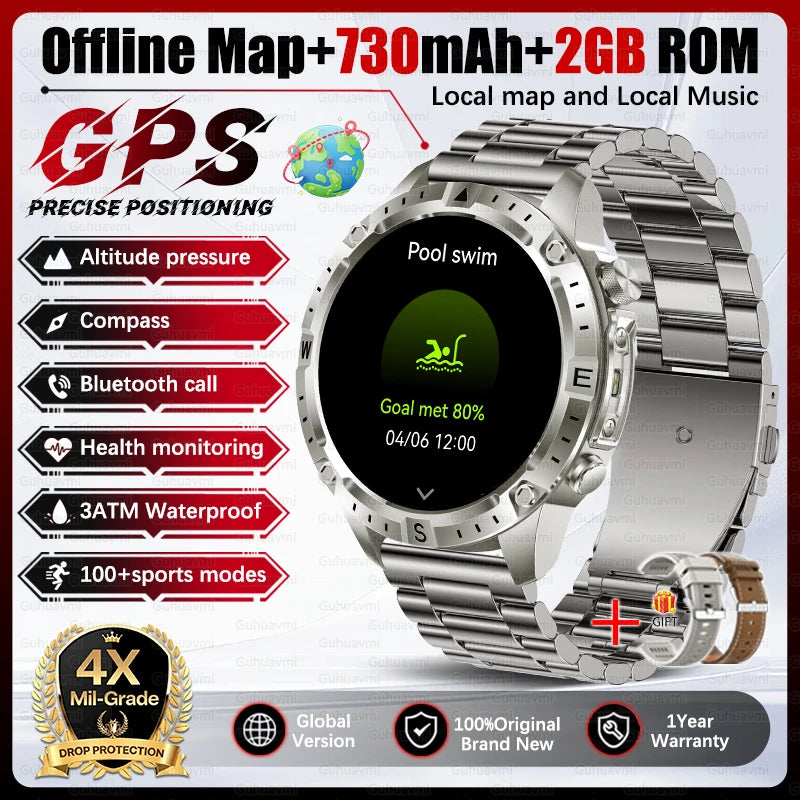 Dual-Band GPS Smart Watch Men Tactical Military Grade 1.43" AMOLED Offline Map 100+Sports 3ATM Waterproof 730mAh Battery Watches