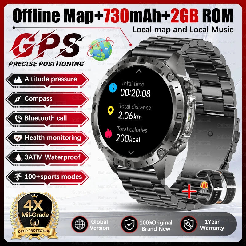 Dual-Band GPS Smart Watch Men Tactical Military Grade 1.43" AMOLED Offline Map 100+Sports 3ATM Waterproof 730mAh Battery Watches