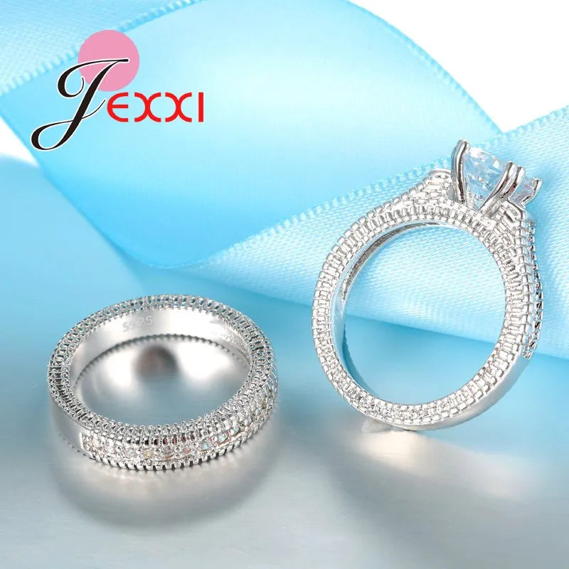 Elegance 925 Sterling Silver 2 PCS Ring Set Paved Full High Quality Shiny Crystals Anel For Women Bride Wedding Jewelry