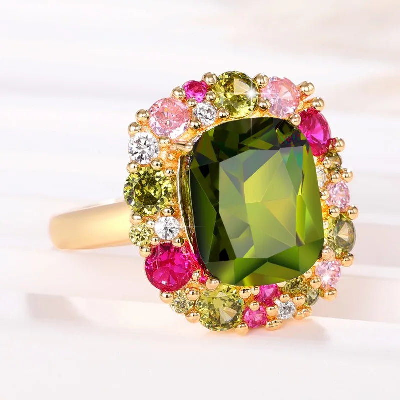 Huitan Newly Colorful Green Cubic Zirconia Rings for Women Special-interested Wedding Party Gorgeous Accessories Female Jewelry