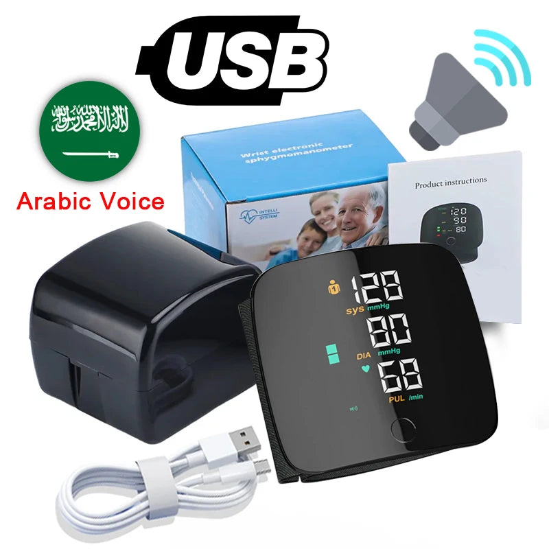 New LED Wrist Blood Pressure Monitor Rechargeable English Voice Broadcast Sphygmomanometer Tonometer BP Monitor