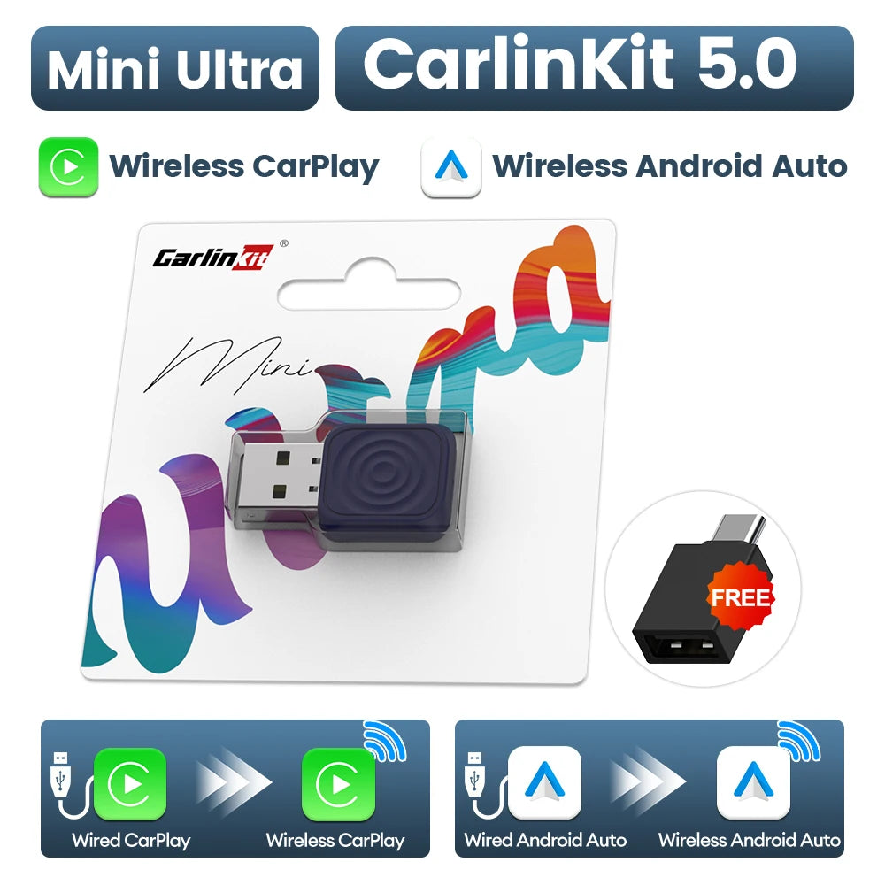 2air Mini 5 Pro CarlinKit 5.0 Wireless CarPlay Wireless Android Auto Box 5Ghz WiFi BT Auto Connect Plug&Play OTA Upgrade