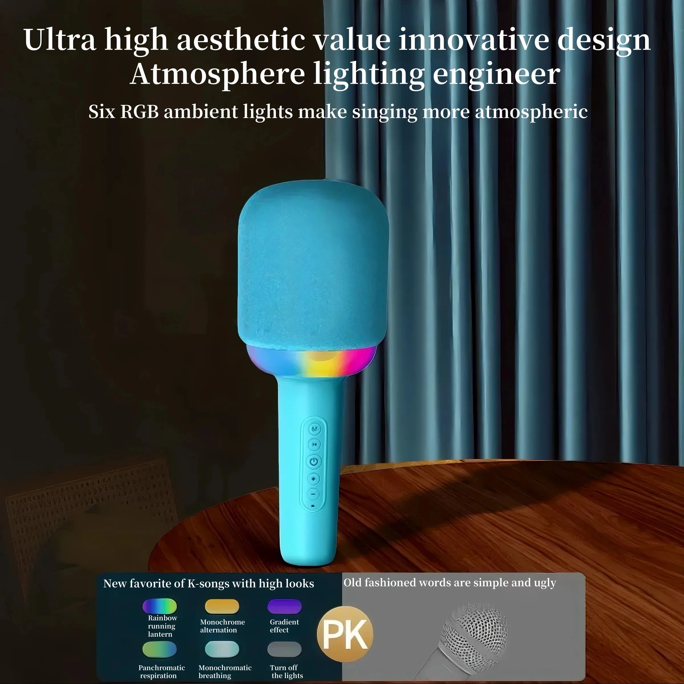 Portable Speaker Microphone Combo, Lightweight & Colorful Atmosphere Light, Four Vocoder Effects, Ideal for Family Singing Fun