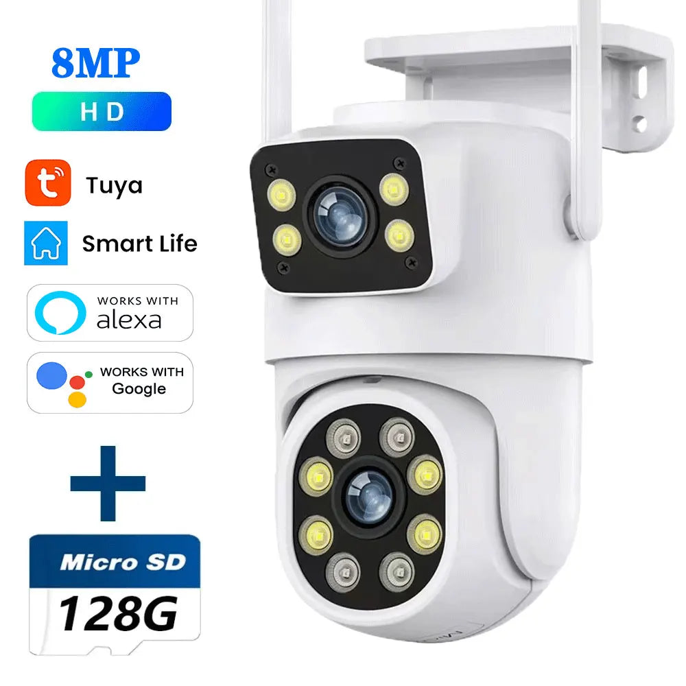 4K 8MP Tuya Dual Lens WIFI Camera PTZ Outdoor Dual Screen Ai Human Auto Tracking Security Camera Surveillance with Alexa Google