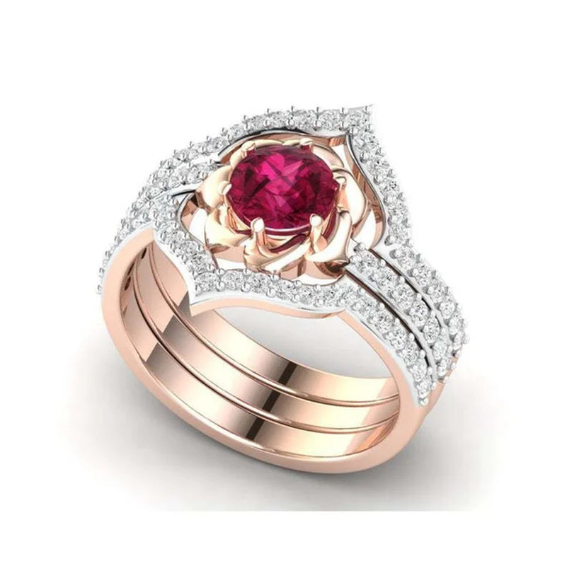 Dazzling Rose Gold Color Flower Ring for Women Delicate Metal Inlaid Red Zircon Stones Wedding Rings Set Engagement Jewelry