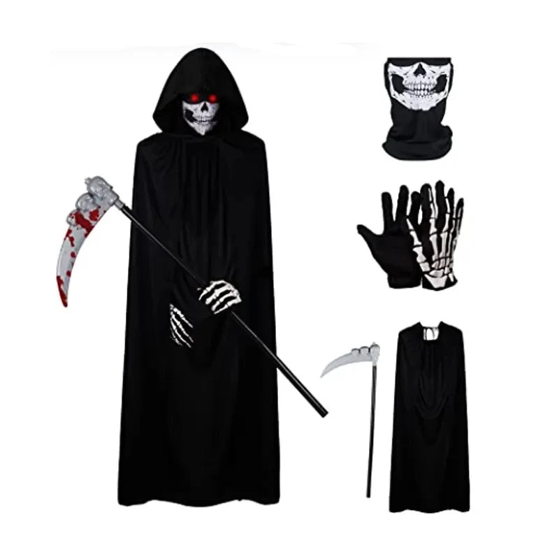 2025 Halloween cosplay costume: Grim Reaper, terrifying skeleton costume for children, adult Grim Reaper, ghost robe, and sickle