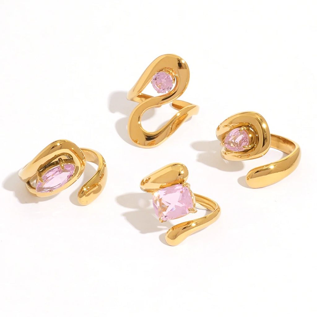 Unique 316L Stainless Steel Zircon Rings Suitable For Women's Exaggerated Waterproof Jewelry 18K Gold Plated Rings Gift For Her