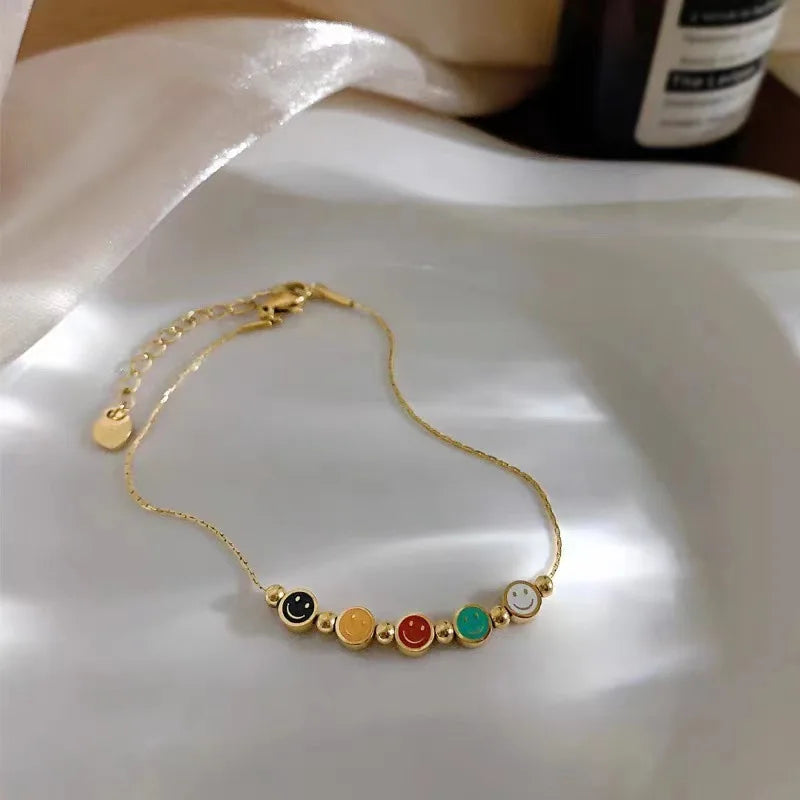 Fashion New Rainbow Smile Face Bracelets for Women Girls Stainless Steel Colorful Chain Jewelry Summer Beach Anklets Gifts 2023